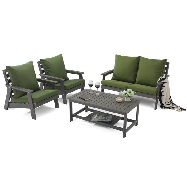 Leisuremod Alpine Poly Lumber 4-Piece Weather Resistant Patio Conversation Set with Dark Green Cushions ALCTGR-54DG